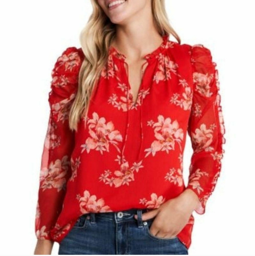CeCe Cherry Rose Lava Red Floral Print V-Neck Blouse Sheer Ruched Sleeve Small - Picture 1 of 11